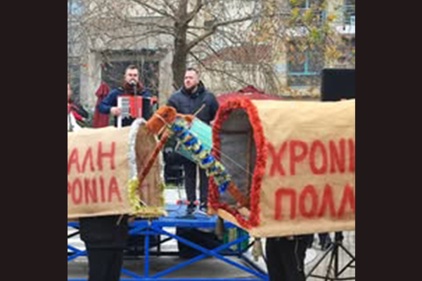 Volakas,Greece-January 7, 2022: In the village of Volakas, in Drama, every January (6-8) revives the custom of "Harapia", means "Black men", because of their black traditional costumes.